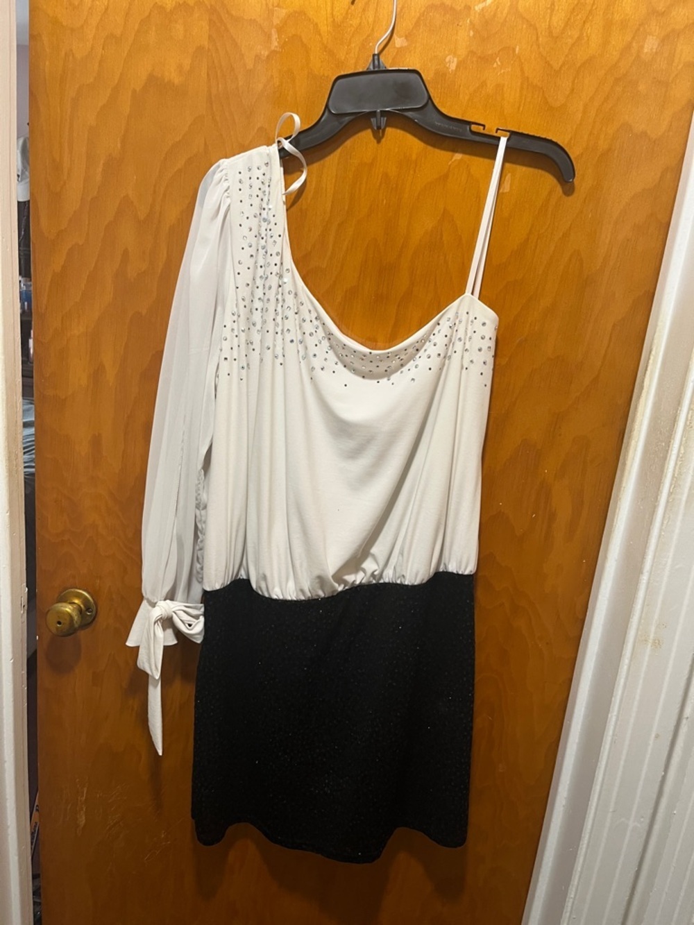 Y2K One-Shoulder White and Black Rhinestone Cocktail Dress